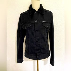 H&M Womens 6 Trucker Denim Jacket Sherpa Lined Fur Collar Black Button Up Ranch